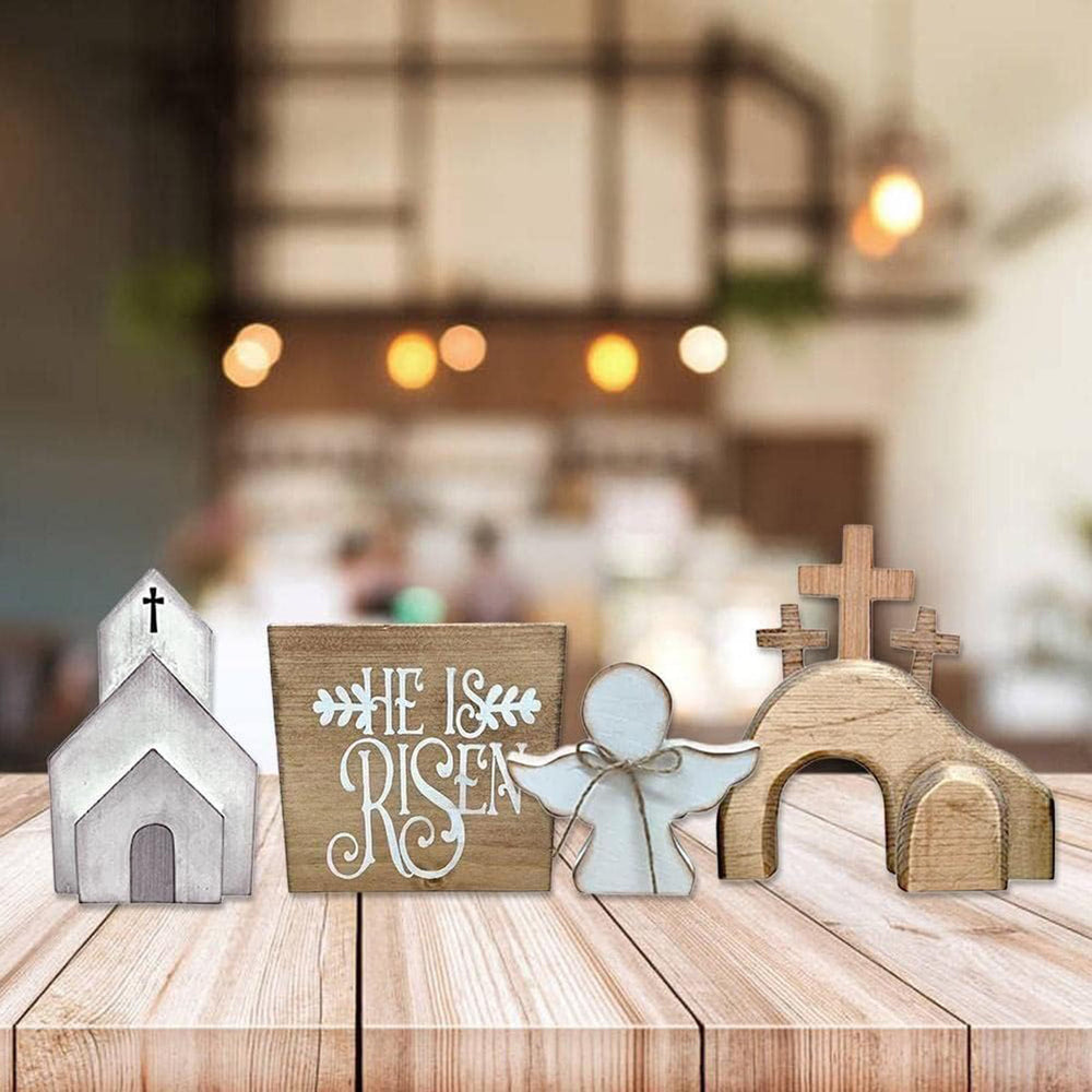 Christianartworkshop 4 pezzi/set Tomba di Gesù - Croce di Pasqua Decorazione da tavolo in legno per Pasqua - image 1