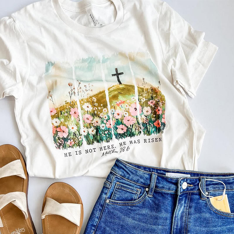 Christianartworkshop Maglietta con croce floreale ispirata alla fede "È risorto" - Albicocca - 2XL - image 0