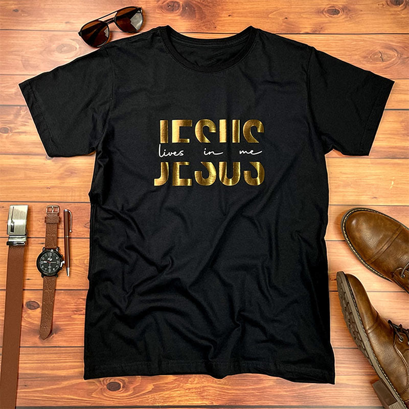Christianartworkshop Fede glamour Gesù vive in me Maglietta cristiana con testo dorato - Nero - 2XL - image 0