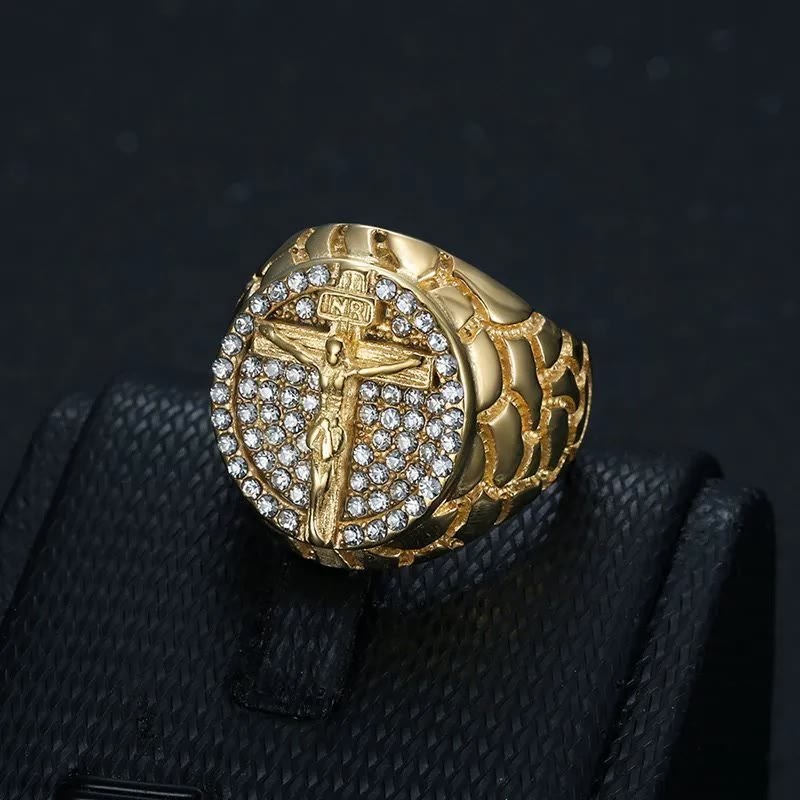 Christianartworkshop Adorna la tua fede: anello con crocifisso con motivo divino dorato - image 1