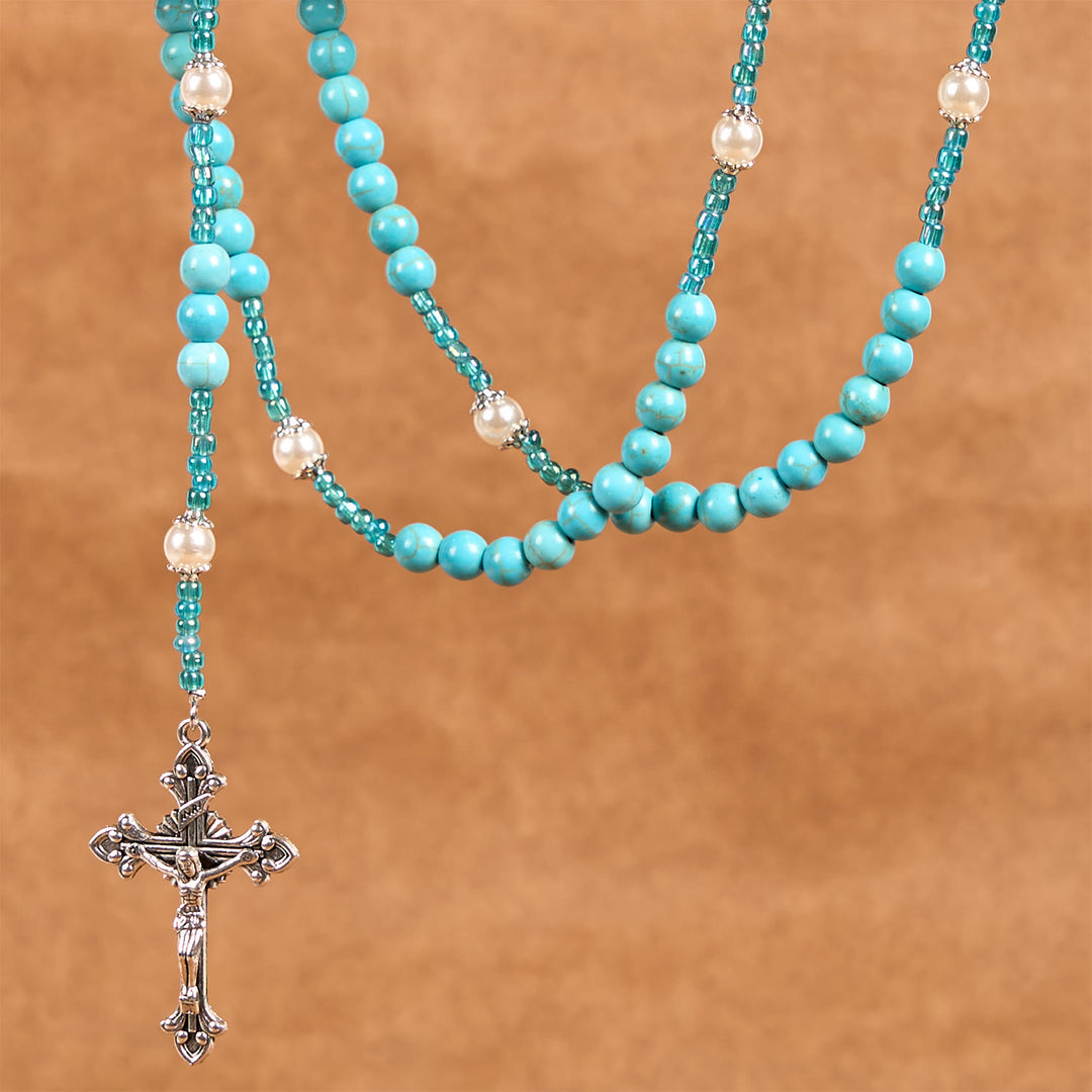 Christianartworkshop Medaglia della Madonna e Crocifisso di Rosario con Perle Rotonde Turchesi Blu da 8 mm - image 2