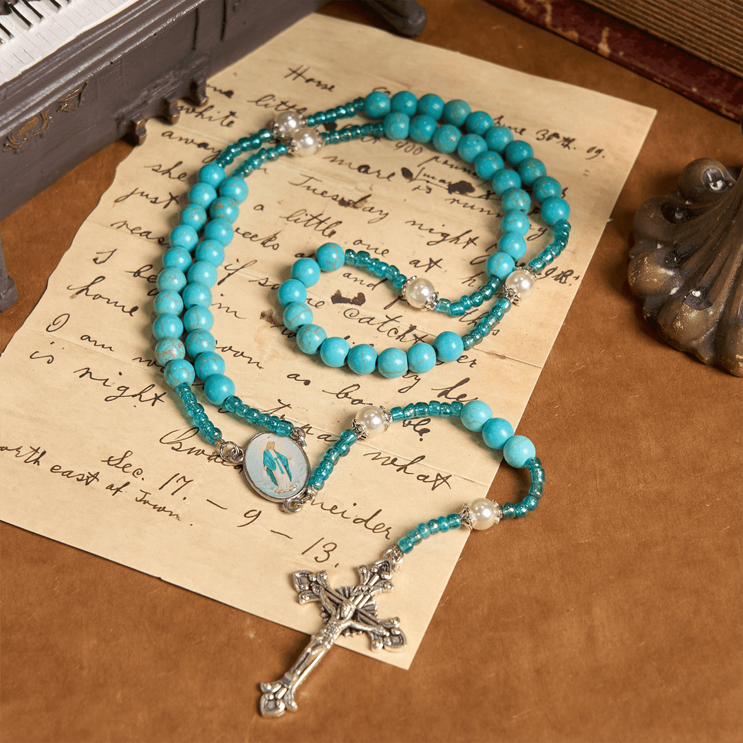 Christianartworkshop Medaglia della Madonna e Crocifisso di Rosario con Perle Rotonde Turchesi Blu da 8 mm - Medaglia miracolosa e crocifisso - image 0