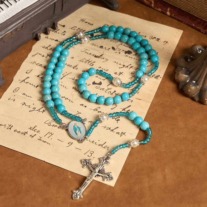 Christianartworkshop Medaglia della Madonna e Crocifisso di Rosario con Perle Rotonde Turchesi Blu da 8 mm - Medaglia miracolosa e crocifisso - image 0