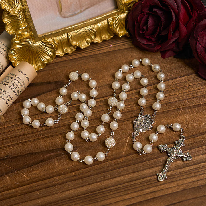 Christianartworkshop Medaglia della Madonna e Crocifisso di perle rotonde in acrilico bianco da 8 mm Rosario - Bianco - image 0