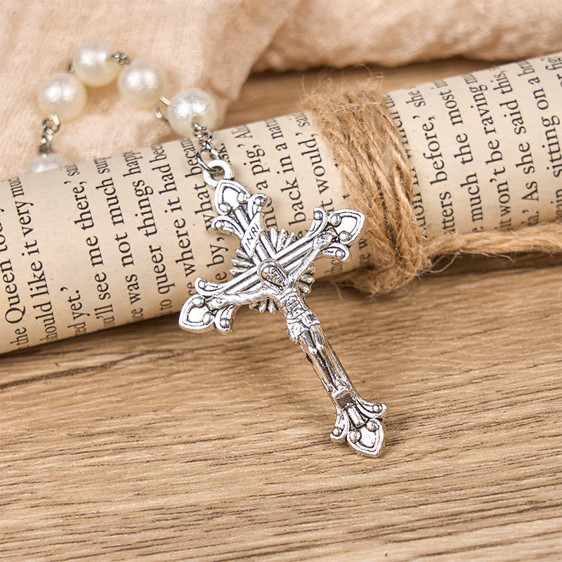 Christianartworkshop Medaglia della Madonna e Crocifisso di perle rotonde in acrilico bianco da 8 mm Rosario - image 5