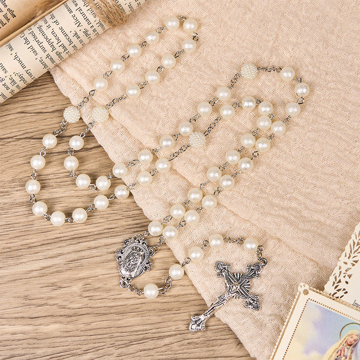 Christianartworkshop Medaglia della Madonna e Crocifisso di perle rotonde in acrilico bianco da 8 mm Rosario - image 6