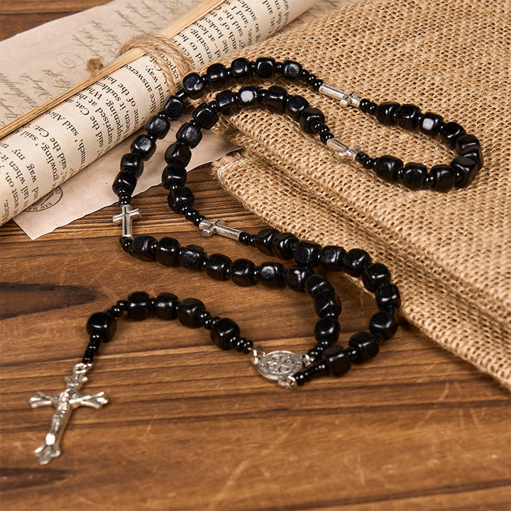 Christianartworkshop Medaglia di San Benedetto e Crocifisso di Rosario con grani rotondi in legno nero da 8 mm - image 2