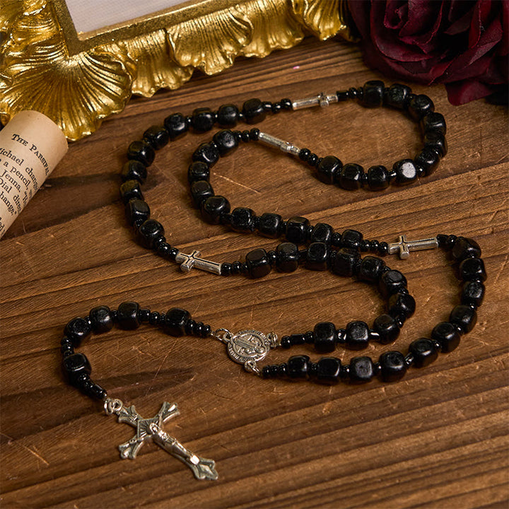 Christianartworkshop Medaglia di San Benedetto e Crocifisso di Rosario con grani rotondi in legno nero da 8 mm - Medaglia e crocifisso di San Benedetto - image 0