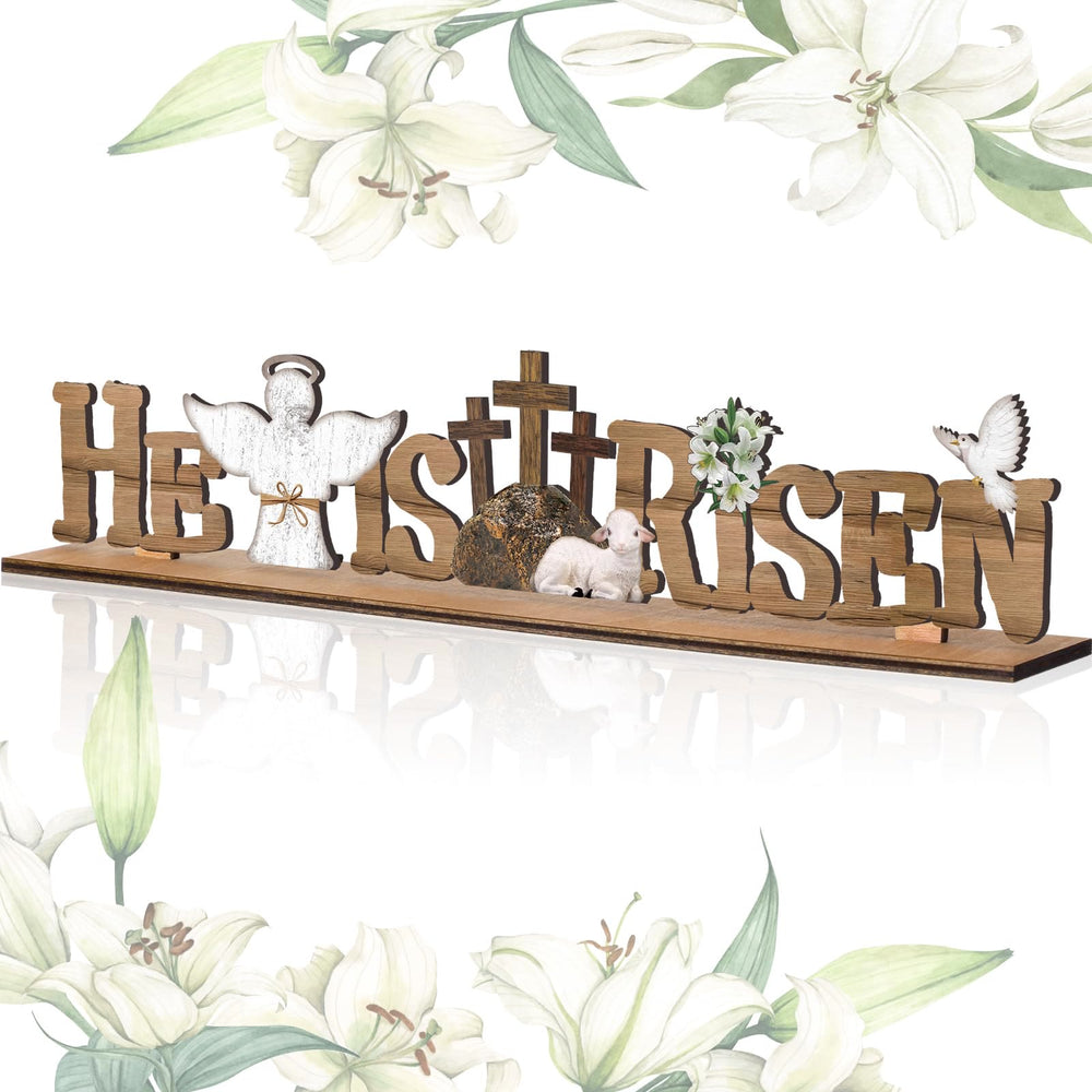 Christianartworkshop "È risorto" e decorazione da tavolo pasquale in legno con agnello, angelo e colomba - image 1