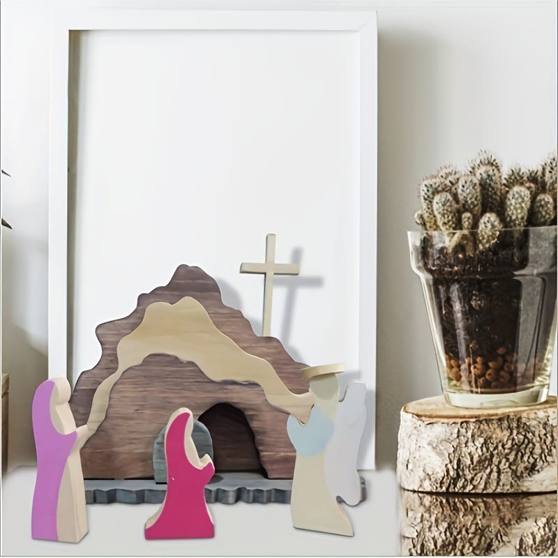 Christianartworkshop Croce e angeli in legno, decorazione da tavolo pasquale, Lui è risorto - image 1