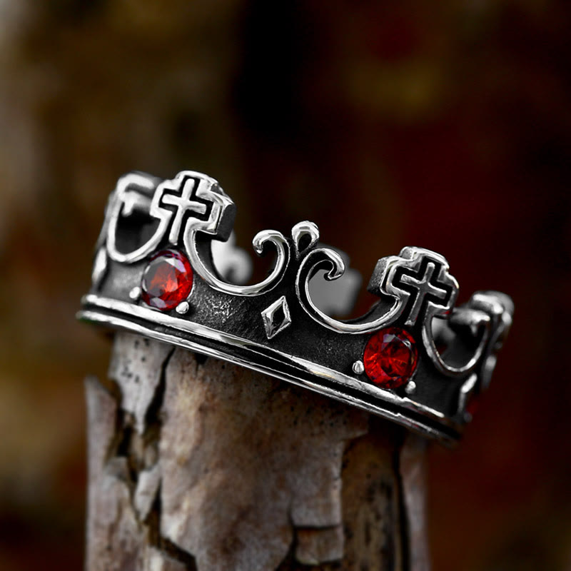 Christianartworkshop 4colors Anello con croce The Crown of Faith - Pietre preziose rosse incastonate Design divino per credenti - Pietra rossa d'acciaio - US13 - image 1