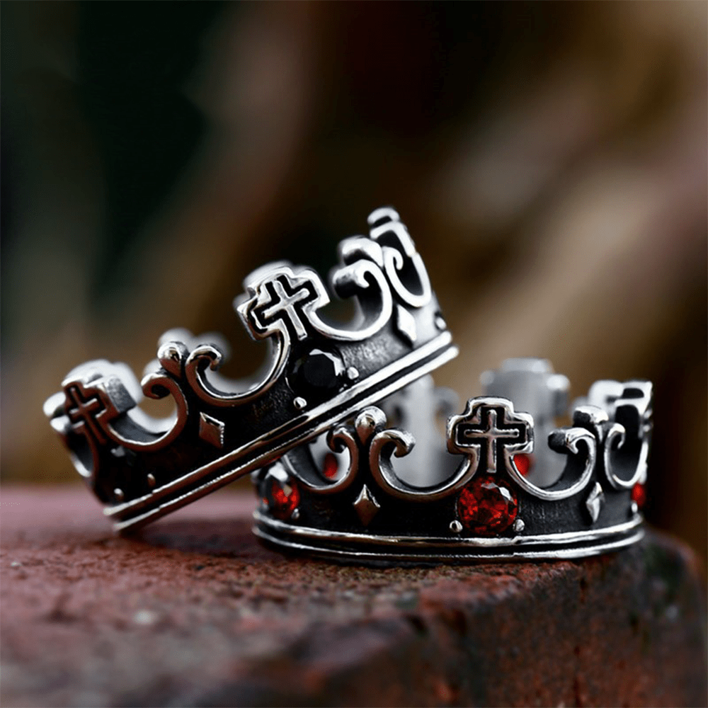 Christianartworkshop 4colors Anello con croce The Crown of Faith - Pietre preziose rosse incastonate Design divino per credenti - image 0