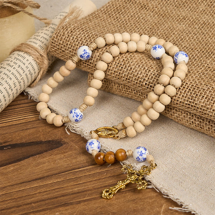Christianartworkshop FEDE IN PREGHIERA: Rosario con medaglia miracolosa in perline di legno e ceramica fatte a mano - image 3