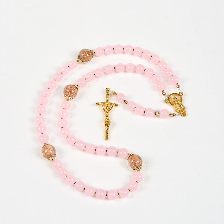 Rosario di preghiera con perline di calcedonio rosa e porcellana, sabbia dorata, realizzato a mano Christianartworkshop. - image 8