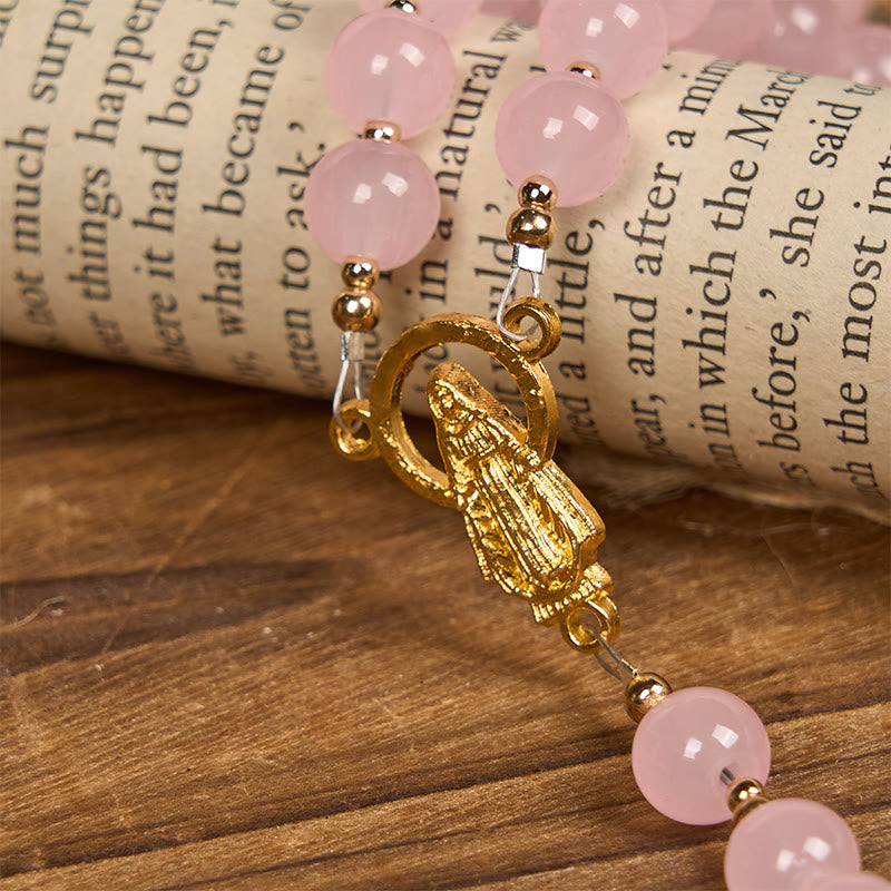 Christianartworkshop Rosario fatto a mano in calcedonio rosa e porcellana con sabbia dorata e perline del Padre Nostro - image 5