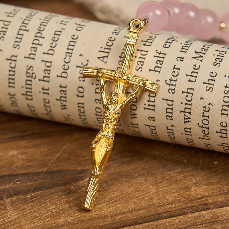 Christianartworkshop FEDE IN PREGHIERA: Rosario fatto a mano in calcedonio rosa e porcellana con grani di sabbia dorata - image 8