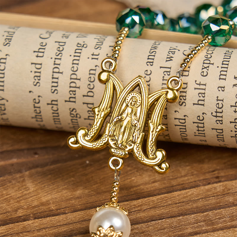 Rosario della Grazia Divina fatto a mano in cristallo verde smeraldo e perle del Padre Nostro Christianartworkshop - image 8