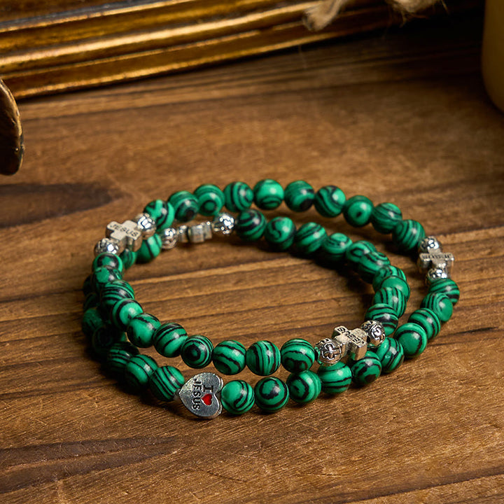 Christianartworkshop Braccialetto rosario con perline di malachite verde e croce "I Love Jesus Faith" - Malachite - image 0