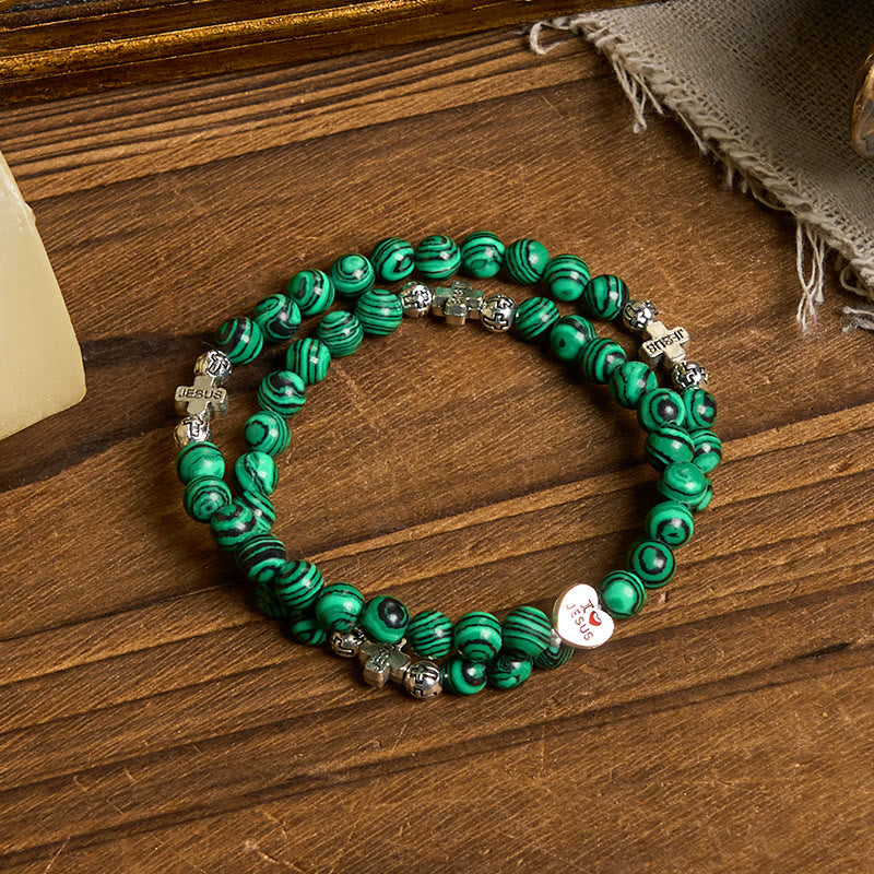 Christianartworkshop Braccialetto rosario con perline di malachite verde e croce "I Love Jesus Faith" - image 1