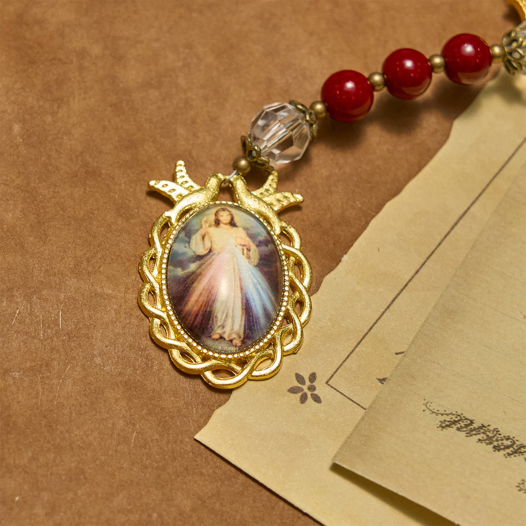 Rosario fatto a mano con grani di cinabro e medaglia di Gesù Christianartworkshop : un emblema divino della devozione della fede - image 6