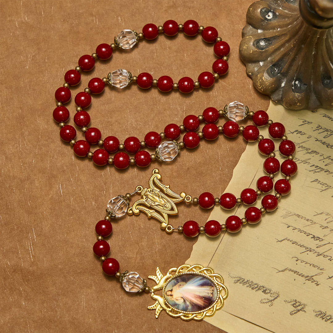 Rosario fatto a mano con grani di cinabro e medaglia di Gesù Christianartworkshop : un emblema divino della devozione della fede - Perle di cinabro e medaglia di Gesù - image 0