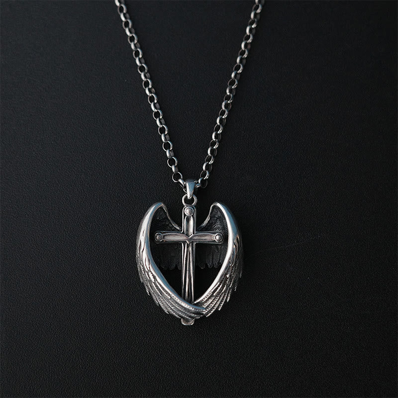 Collana con croce in argento sterling 925 con ali d'angelo Christianartworkshop : incarnazione della fede e della grazia celeste - Argento Sterling 925 - image 0