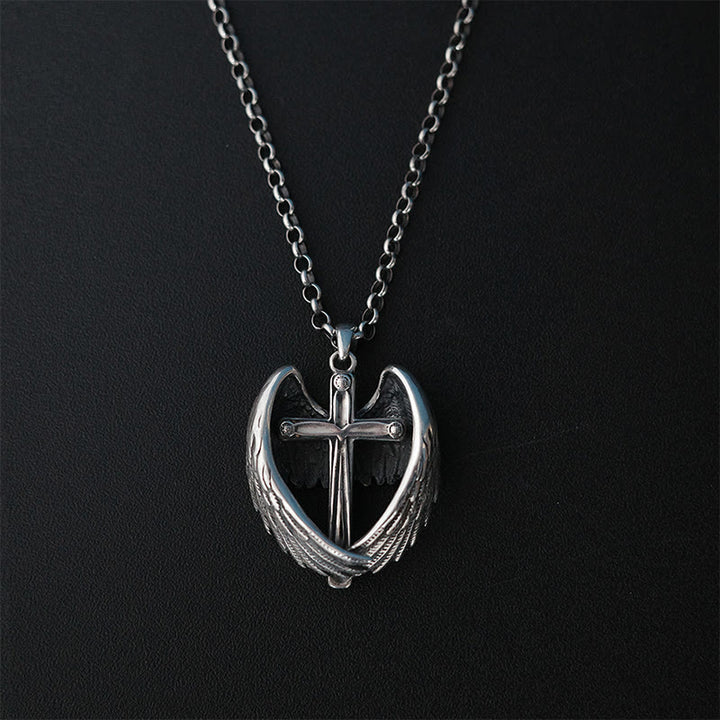Collana con croce in argento sterling 925 con ali d'angelo Christianartworkshop : incarnazione della fede e della grazia celeste - Argento Sterling 925 - image 0