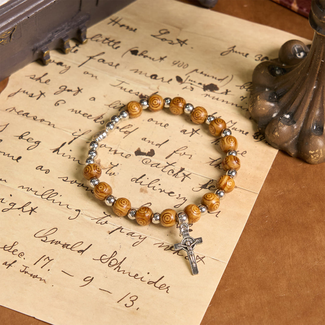 Christianartworkshop Bracciale con icona di Gesù e crocifisso rosa: gioielli spirituali fatti a mano con squisita fattura - Legna - image 0