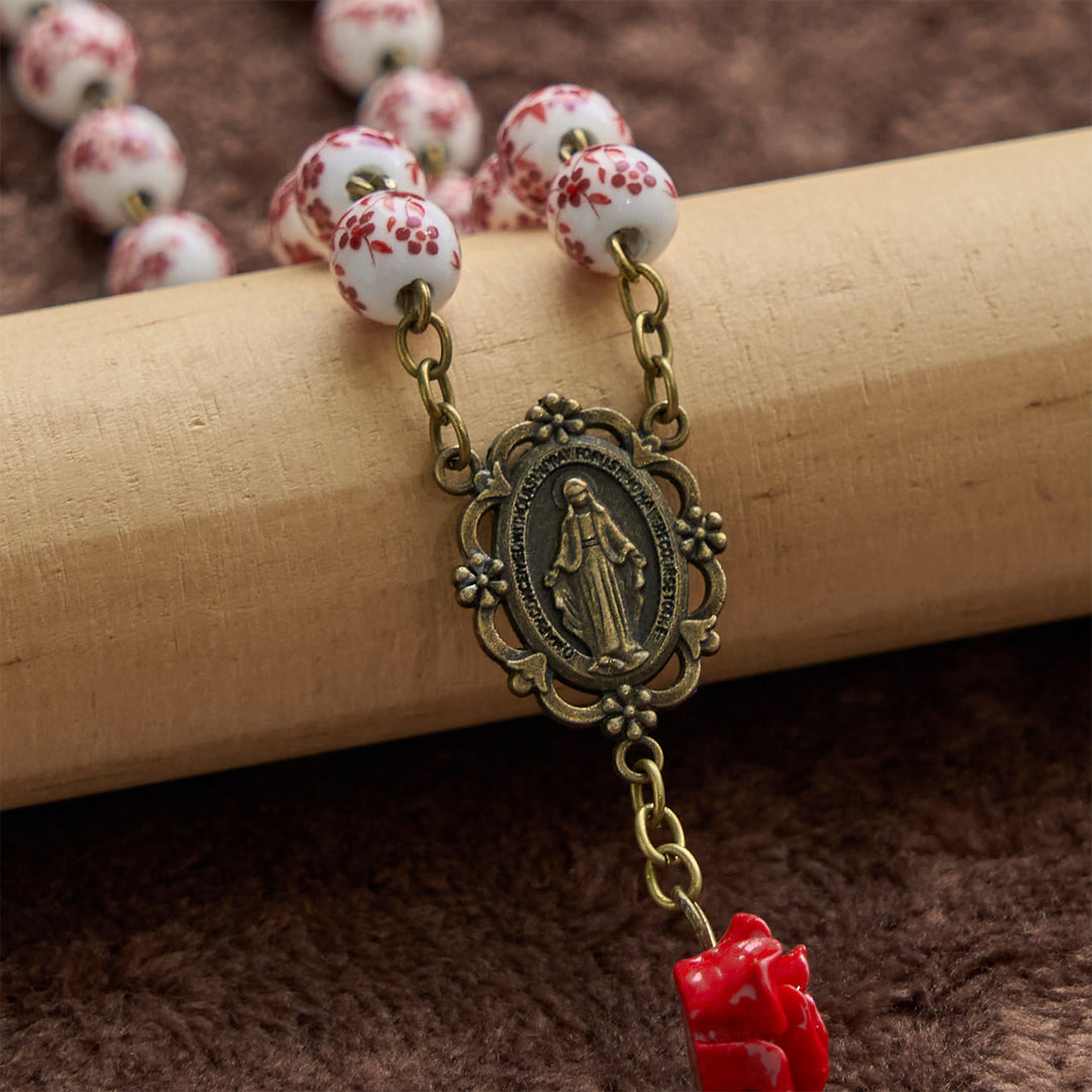 Christianartworkshop Medaglia miracolosa e crocifisso di perle di ceramica da 8 mm e perle di cinabro rosa Rosario fatto a mano - image 6