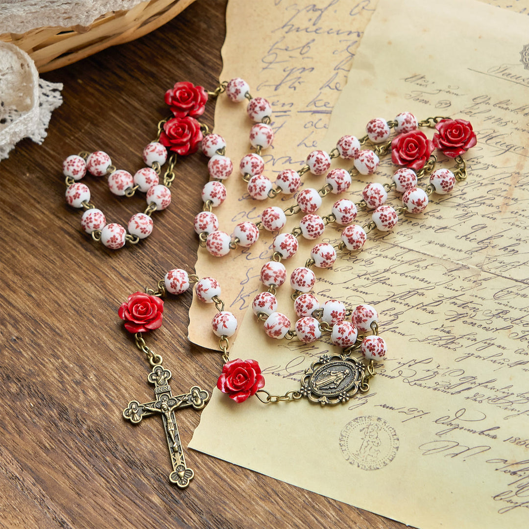 Christianartworkshop Medaglia miracolosa e crocifisso di perle di ceramica da 8 mm e perle di cinabro rosa Rosario fatto a mano - image 4