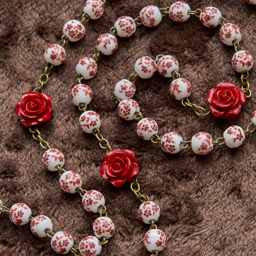 Christianartworkshop Medaglia miracolosa e crocifisso di perle di ceramica da 8 mm e perle di cinabro rosa Rosario fatto a mano - image 5