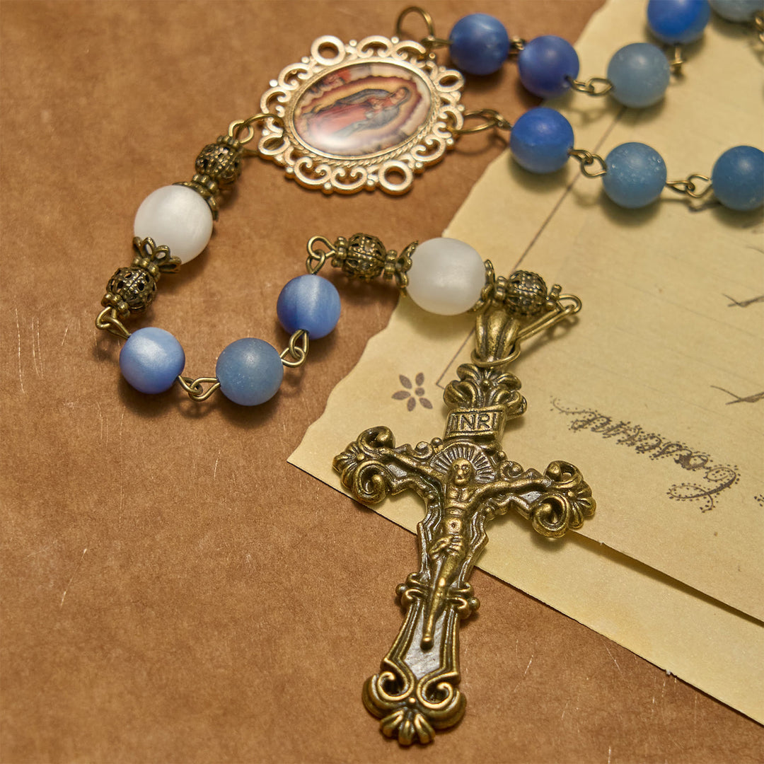 Rosario fatto a mano Christianartworkshop con perle di avventurina blu naturale e crocifisso - Blu opaco della pace - image 5