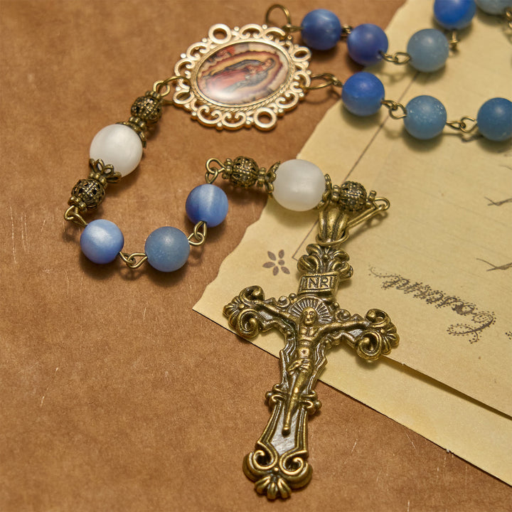 Rosario fatto a mano Christianartworkshop con perle di avventurina blu naturale e crocifisso - Blu opaco della pace - image 5