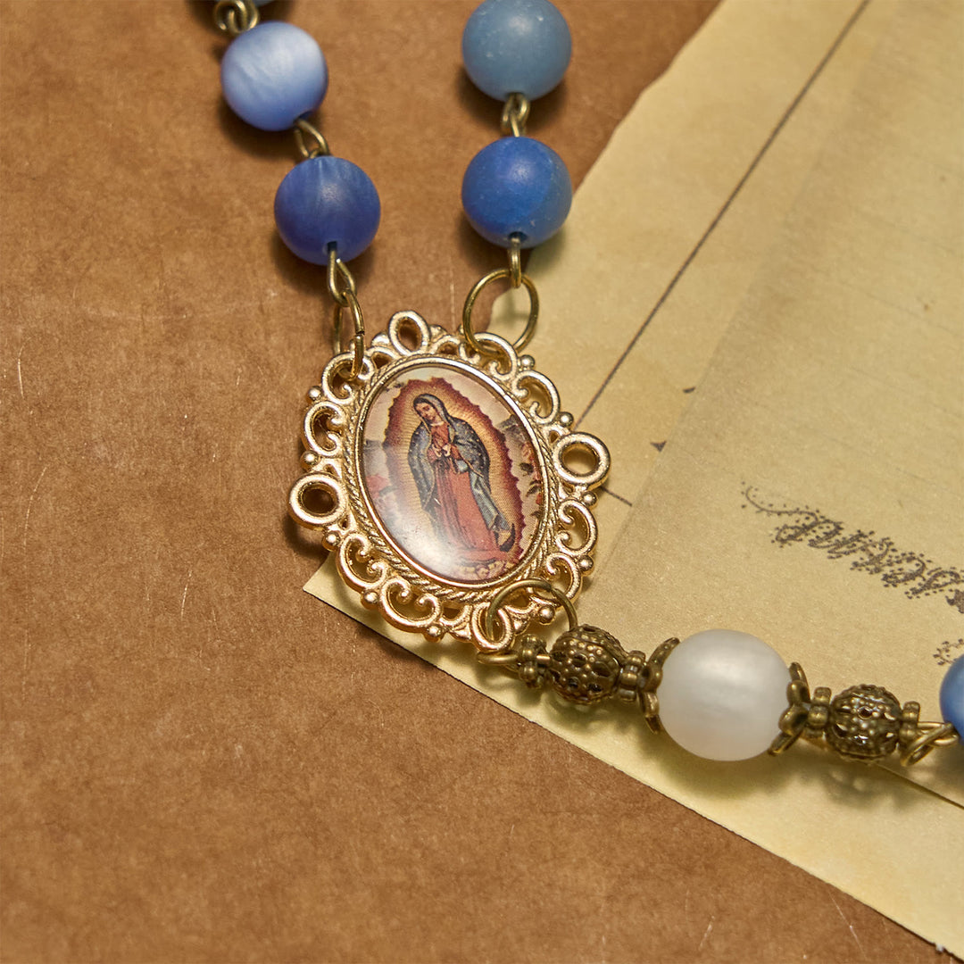 Rosario fatto a mano Christianartworkshop con perle di avventurina blu naturale e crocifisso - Blu opaco della pace - image 4