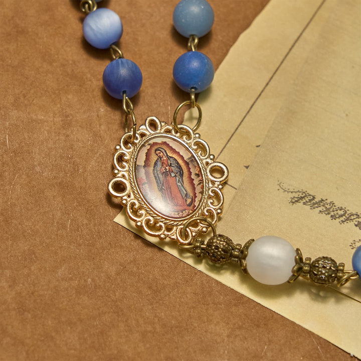 Rosario fatto a mano Christianartworkshop con perle di avventurina blu naturale e crocifisso - Blu opaco della pace - image 4