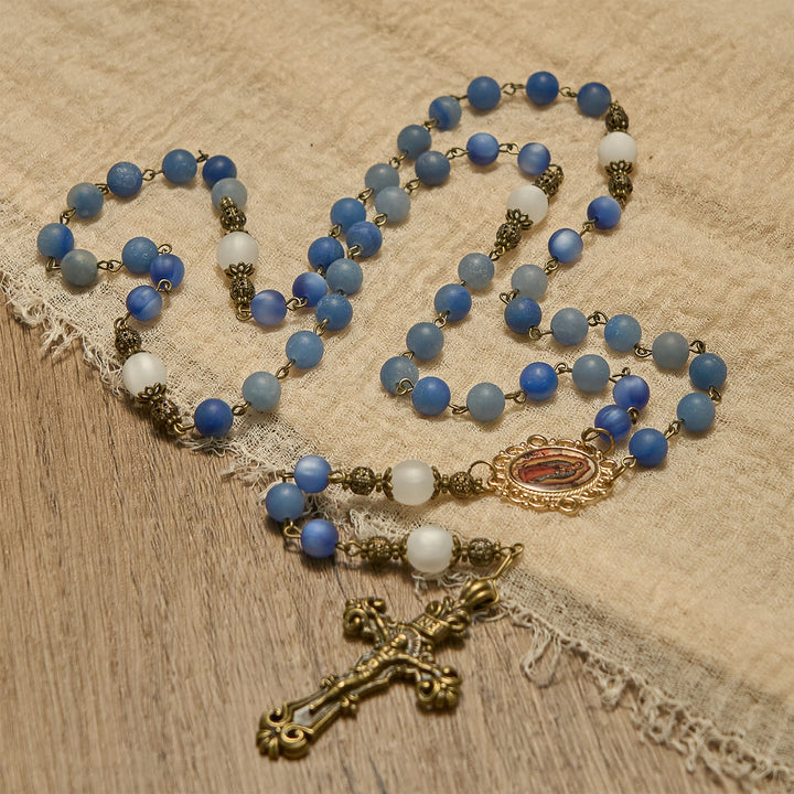 Rosario fatto a mano Christianartworkshop con perle di avventurina blu naturale e crocifisso - Blu opaco della pace - image 6