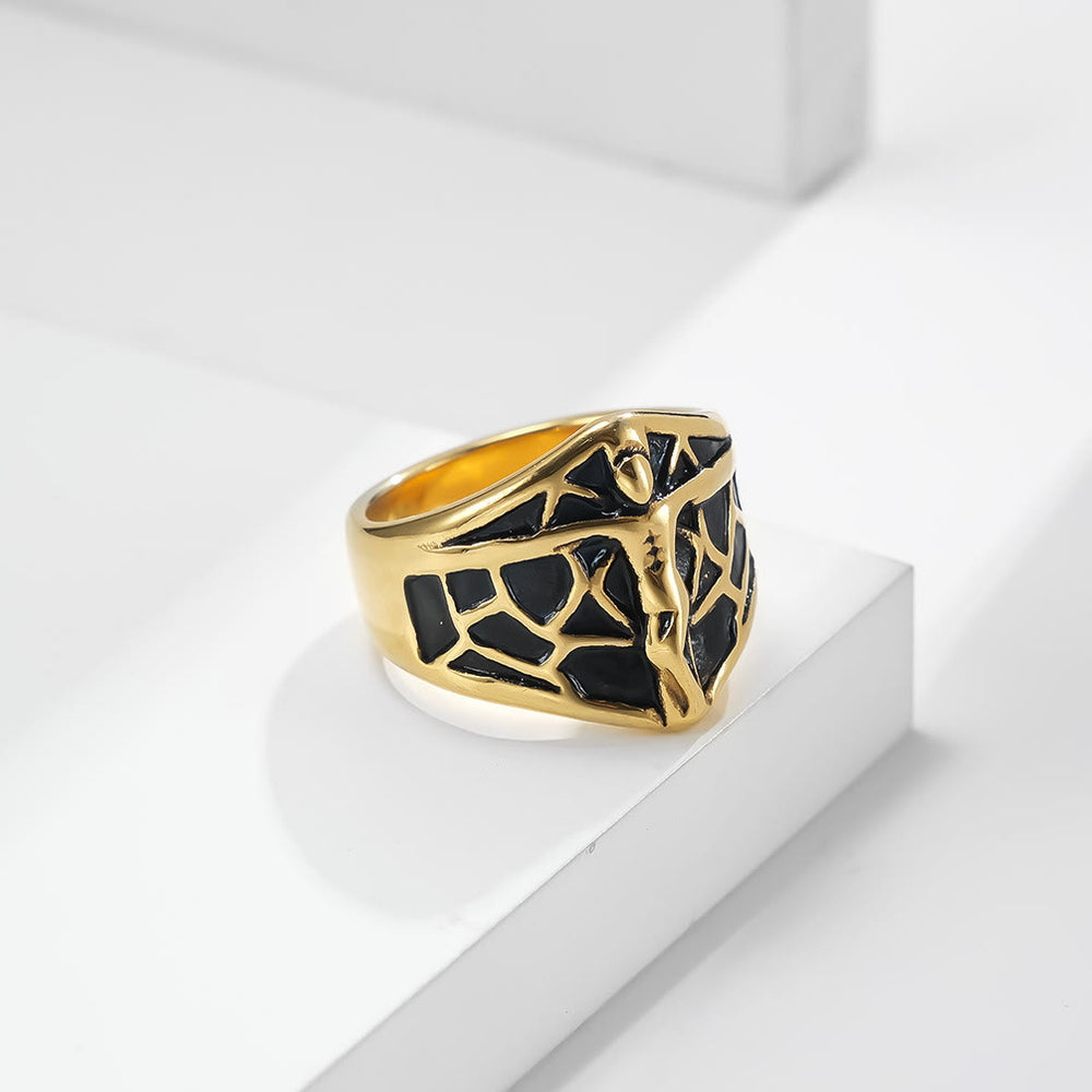 Christianartworkshop Anello croce di Gesù vintage a ragnatela bicolore - Un mix di avanguardia e fede - US12 - Oro - image 1