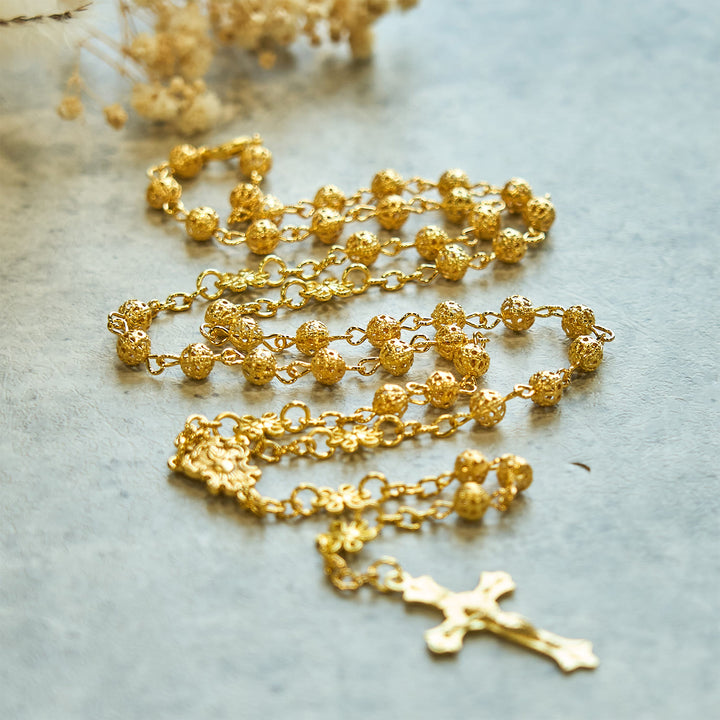 Christianartworkshop Sacro Cuore di Gesù e Crocifisso di 6 mm Rosario a forma di fiore con sfere in metallo dorato - image 5