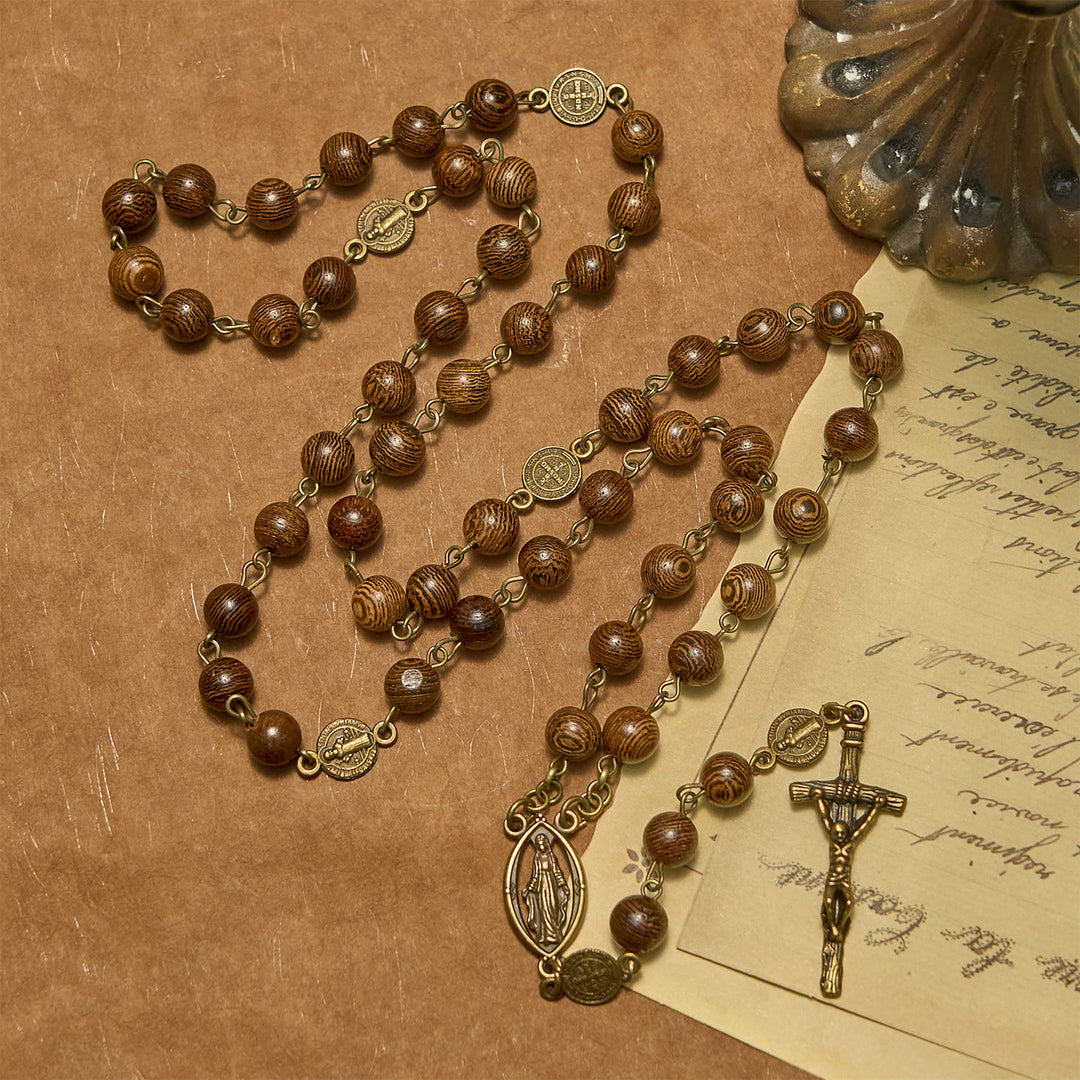 Christianartworkshop Medaglia Miracolosa e Crocifisso Medaglia di San Benedetto Rosario con Perline di Legno da 8 mm - Perline di legno - image 0