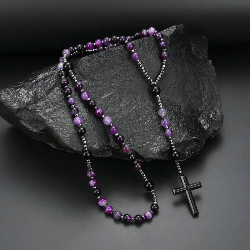 Christianartworkshop - Croce del rosario in agata viola naturale da 8 mm - Agata viola - image 0