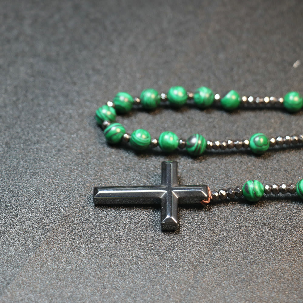 Christianartworkshop - Perline di malachite da 8 mm - Croce rosaria in pietra biliare e ferro - image 3