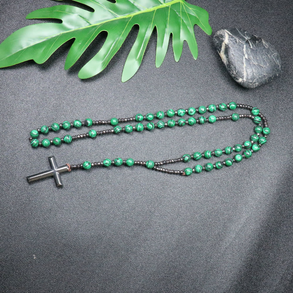 Christianartworkshop - Perline di malachite da 8 mm - Croce rosaria in pietra biliare e ferro - image 1