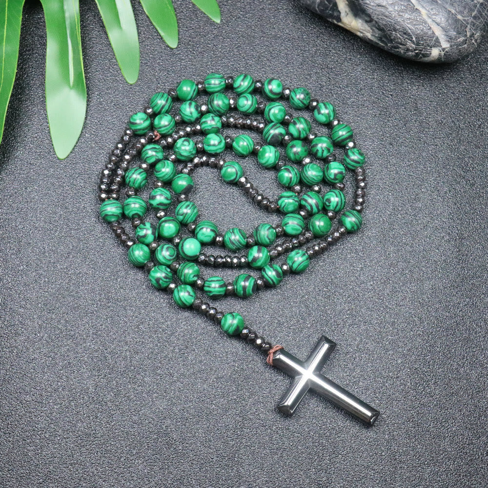 Christianartworkshop - Perline di malachite da 8 mm - Croce rosaria in pietra biliare e ferro - perle di malachite - image 0
