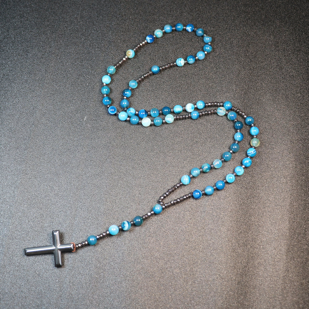 Christianartworkshop Perle di agata blu striata da 8 mm in pietra naturale, croce in pietra biliare e ferro, rosario - image 2