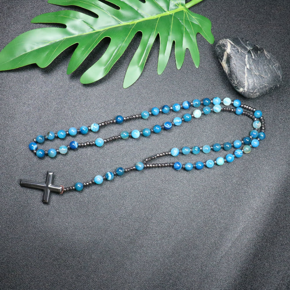Christianartworkshop Perle di agata blu striata da 8 mm in pietra naturale, croce in pietra biliare e ferro, rosario - image 1