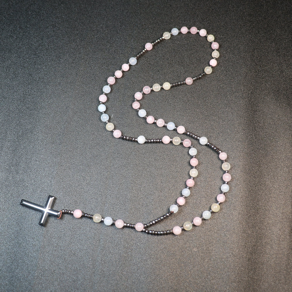 Christianartworkshop - Perle di morganite da 8 mm - Croce in pietra biliare - Rosario - image 2