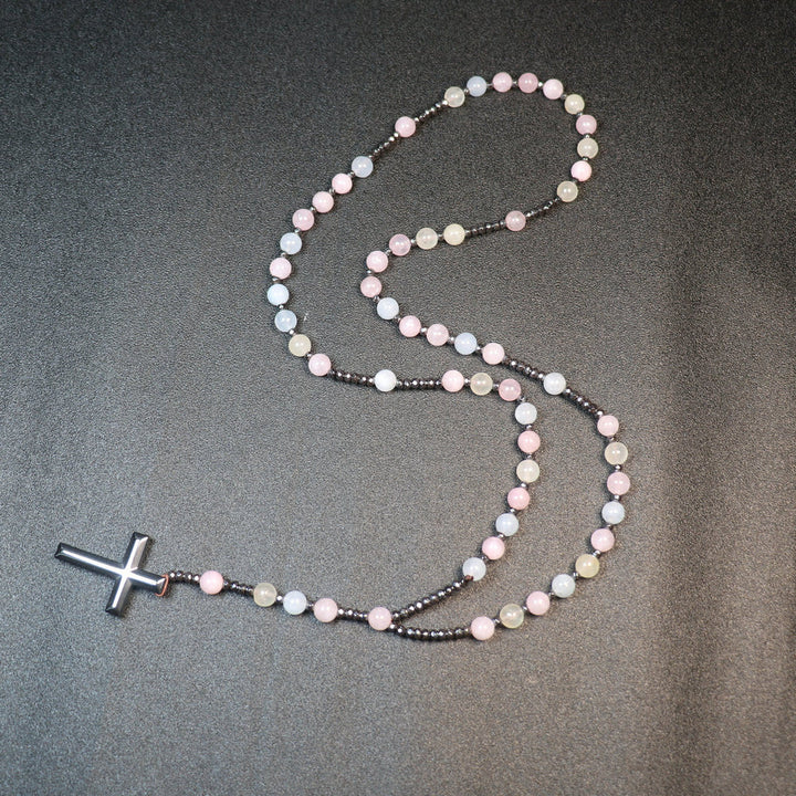 Christianartworkshop - Perle di morganite da 8 mm - Croce in pietra biliare - Rosario - image 2