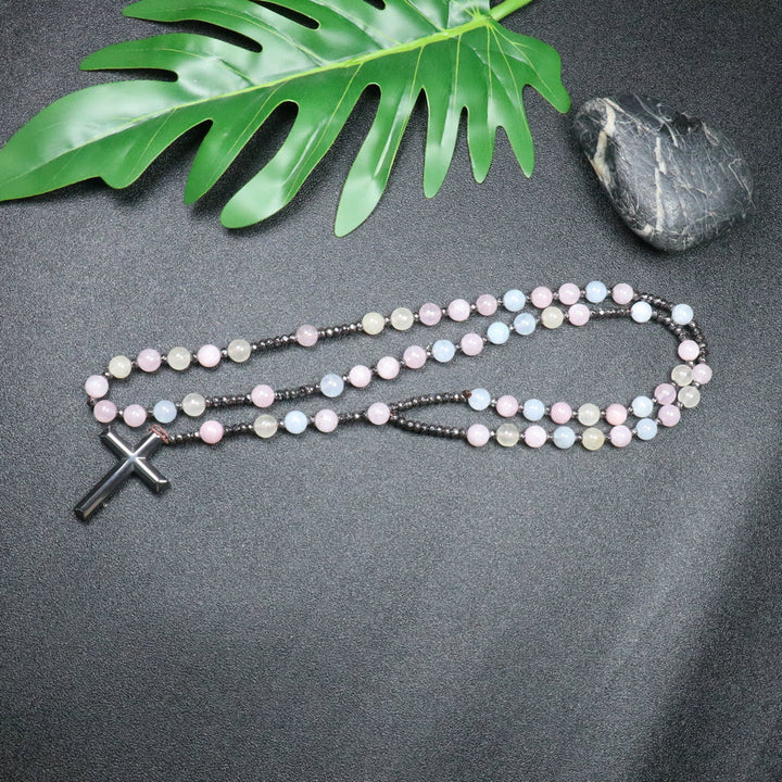 Christianartworkshop - Perle di morganite da 8 mm - Croce in pietra biliare - Rosario - image 1