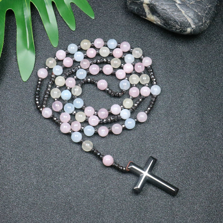 Christianartworkshop Rosario a croce con perline di morganite e calcoli biliari in ferro da 8 mm - Perle di morganite - image 0