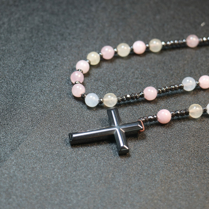 Christianartworkshop - Perle di morganite da 8 mm - Croce in pietra biliare - Rosario - image 3